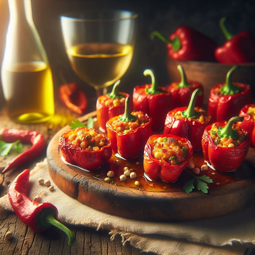 Stuffed piquillo peppers baked with melted cheese on a serving plate