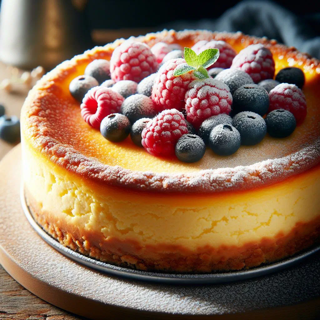 Creamy Spanish tarta de queso with a golden-browned top, dusted with sugar