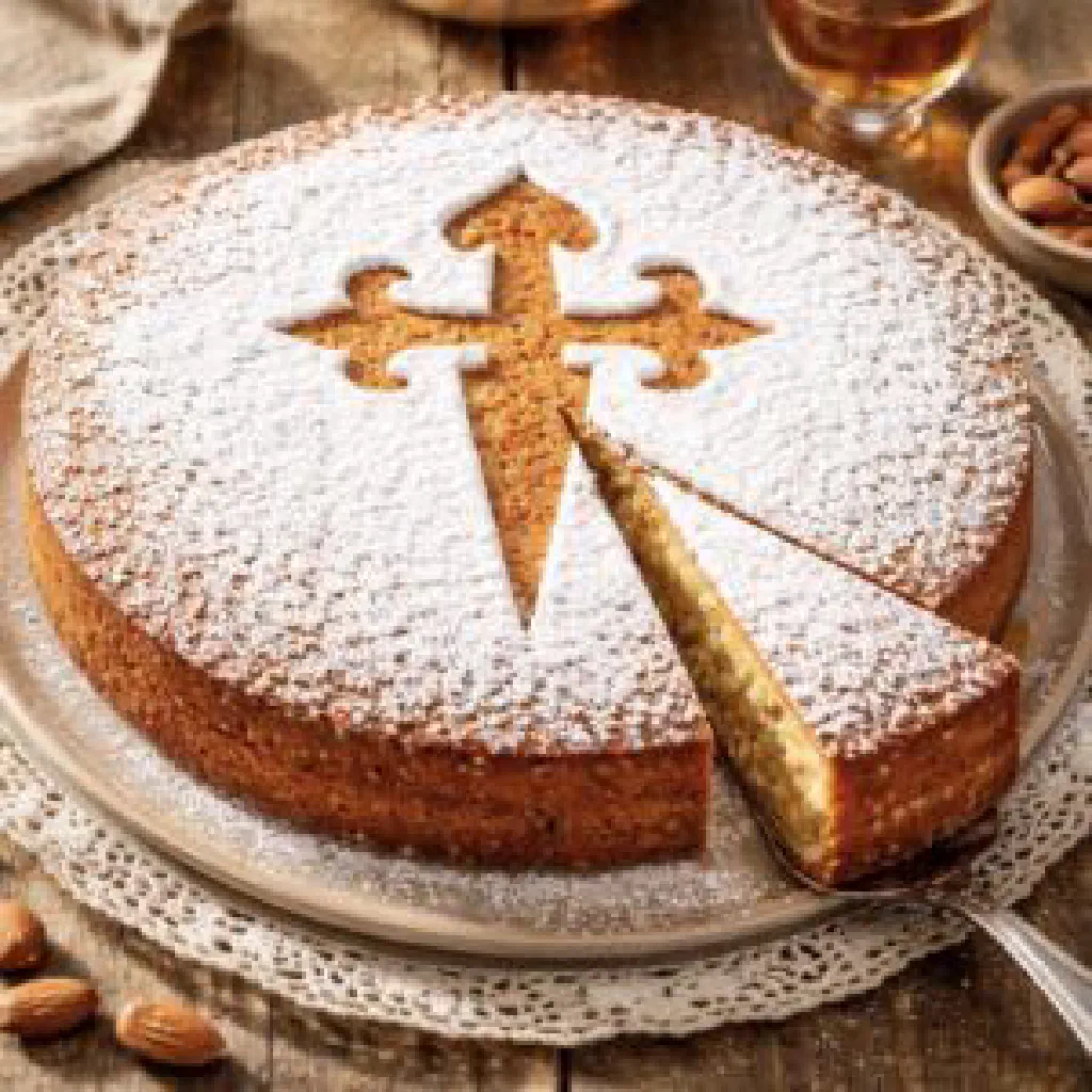 Tarta de Santiago almond cake dusted with icing sugar and the cross of Saint James