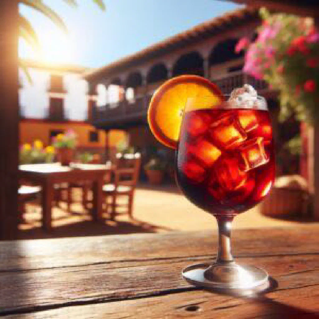 A chilled glass of tinto de verano over ice with a slice of lemon