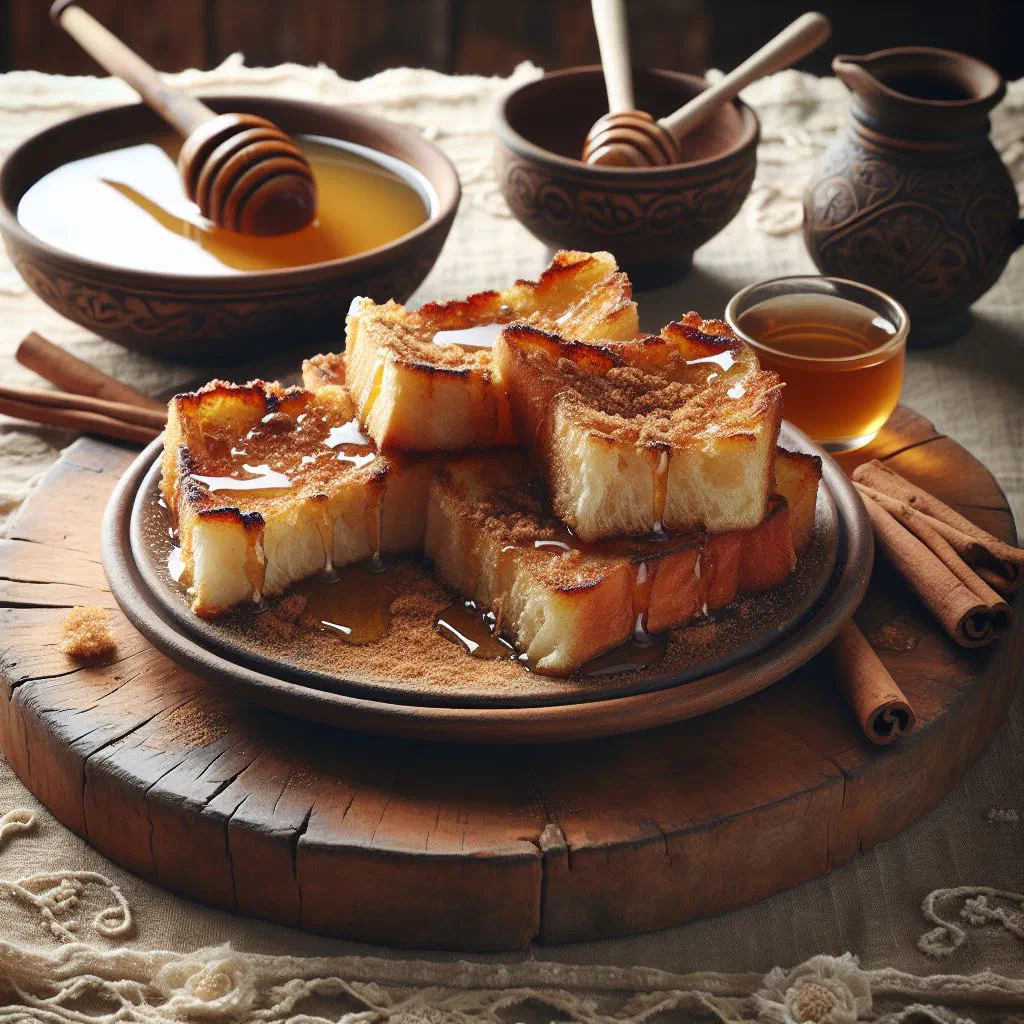 Golden fried torrijas dusted with cinnamon and sugar on a plate