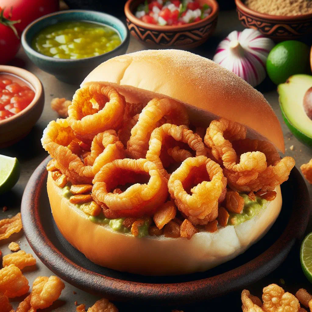 Golden, crisp tortas de chicharrones fritters served on a wooden board