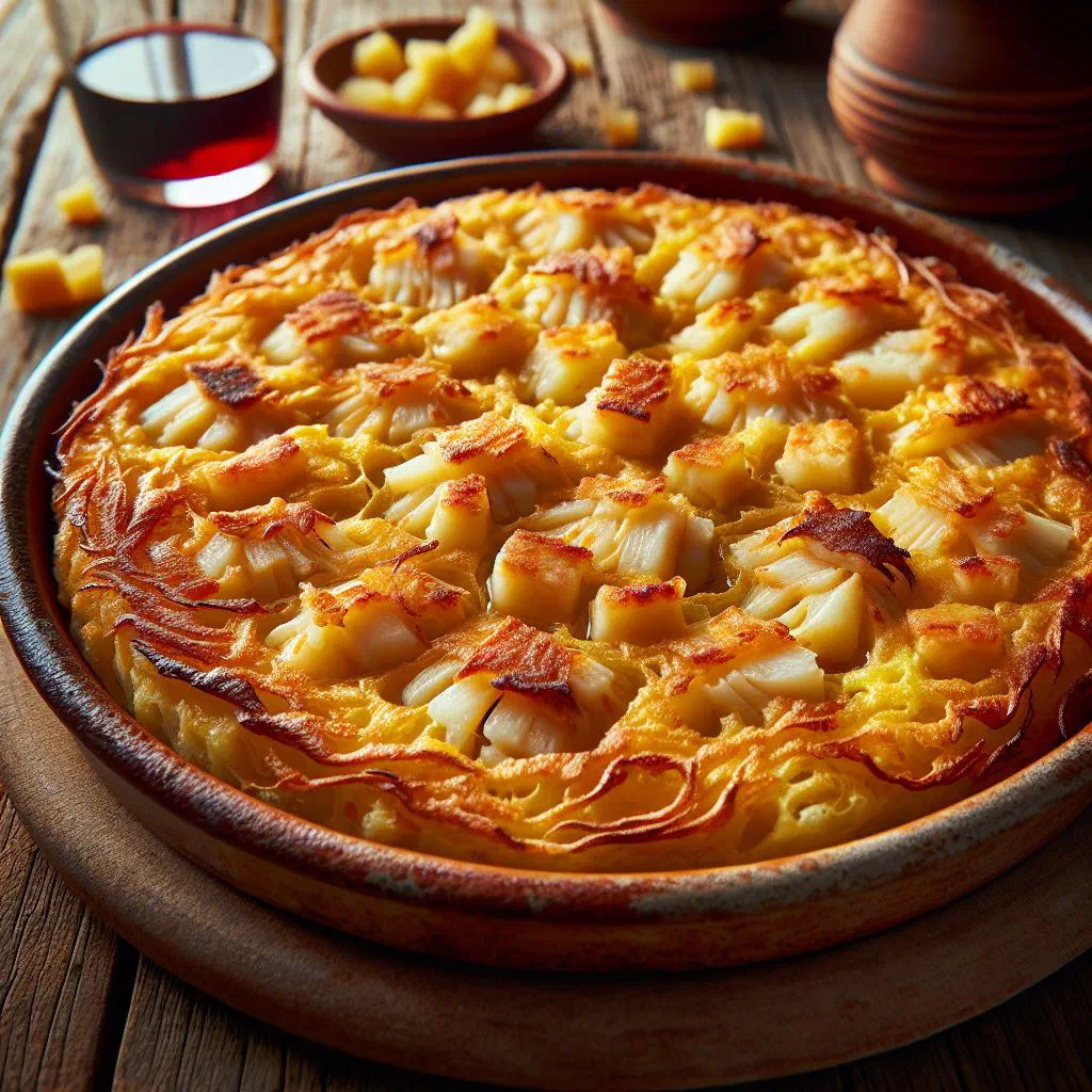 Golden Spanish tortilla de bacalao with salt cod and potatoes, sliced into wedges
