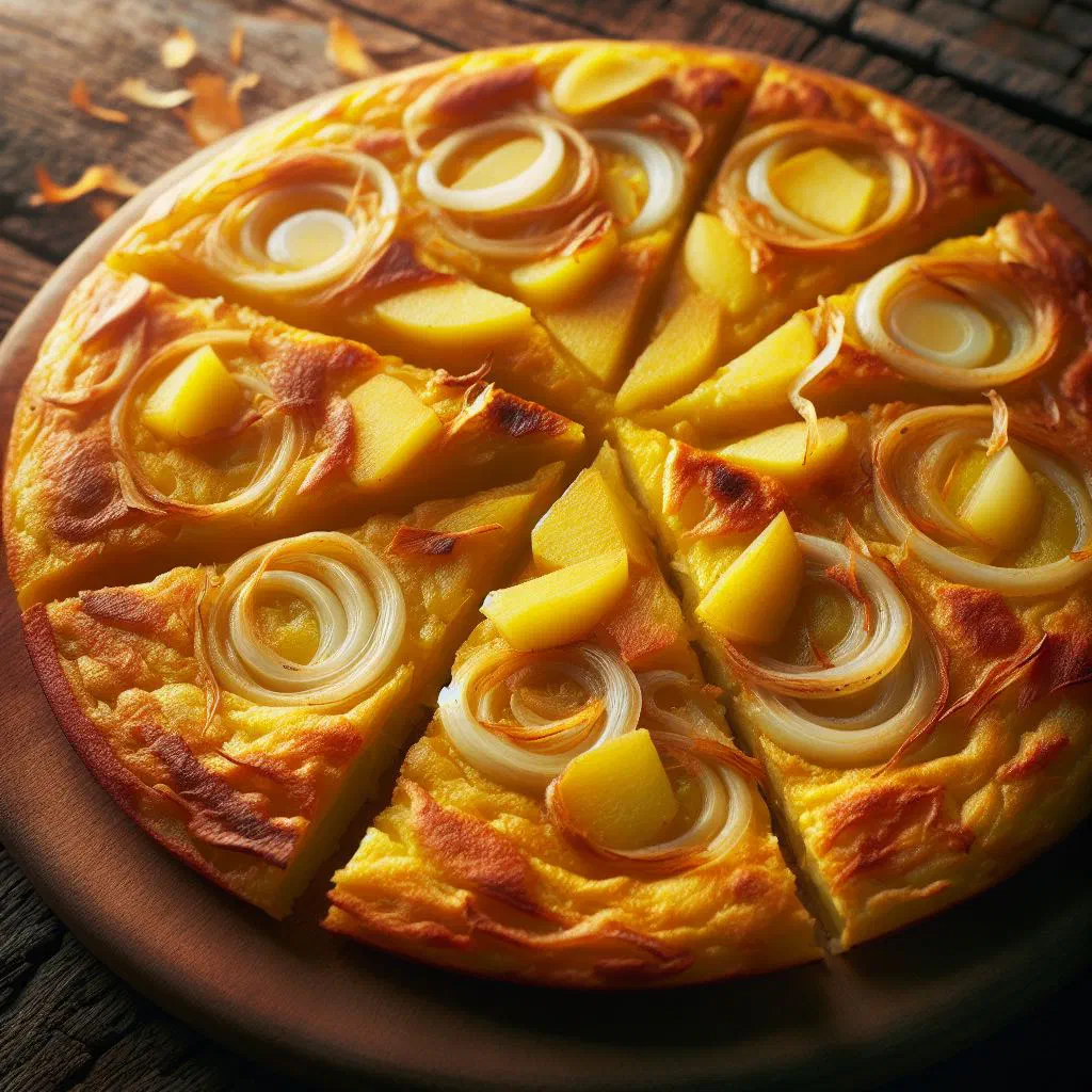 Golden Spanish potato and onion omelette cut into wedges