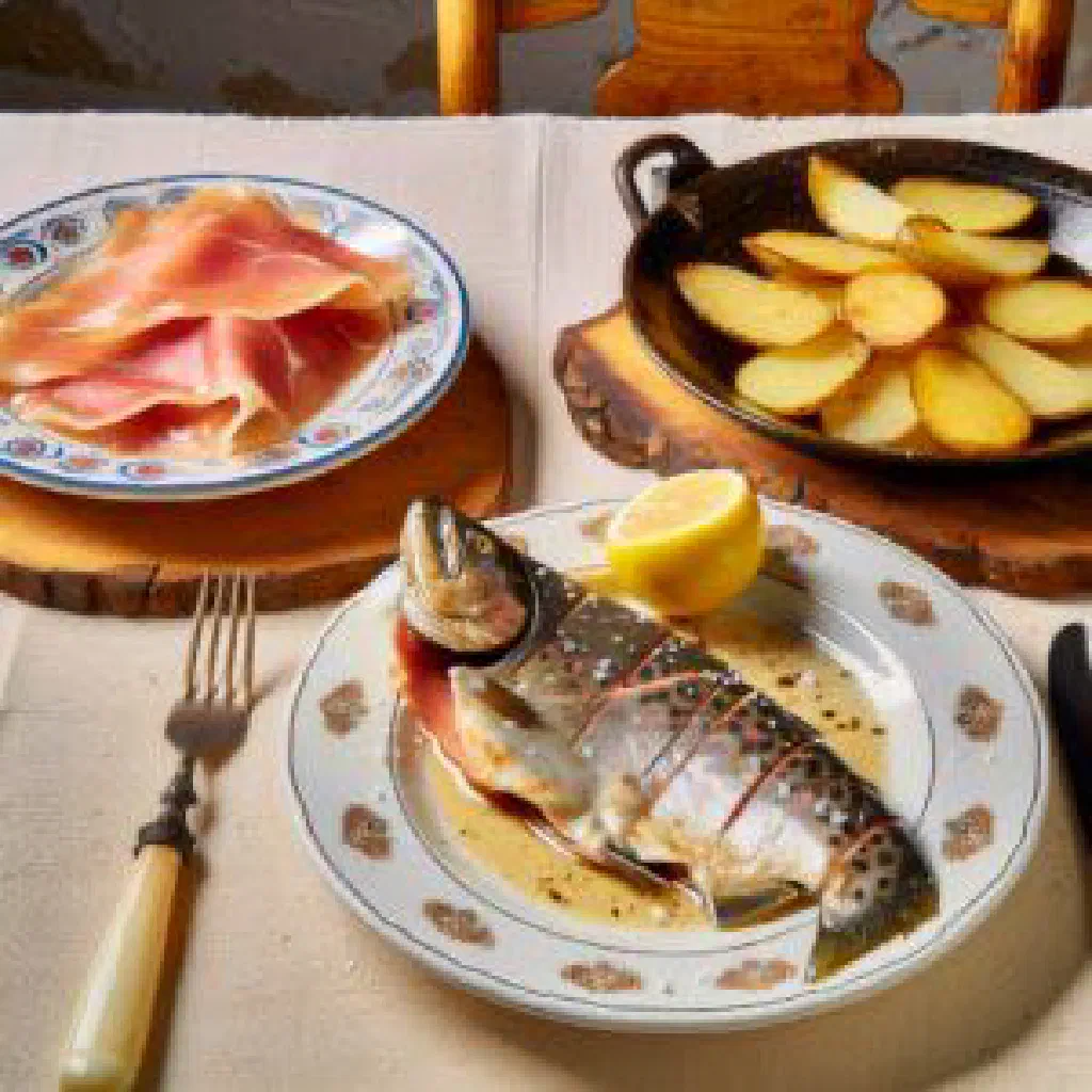 Pan-fried trout stuffed with Serrano ham, garnished with lemon and parsley