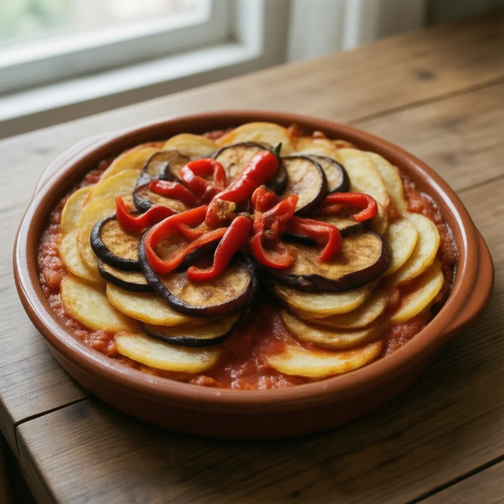 Layered tumbet mallorquín of aubergine, peppers and potatoes in tomato sauce