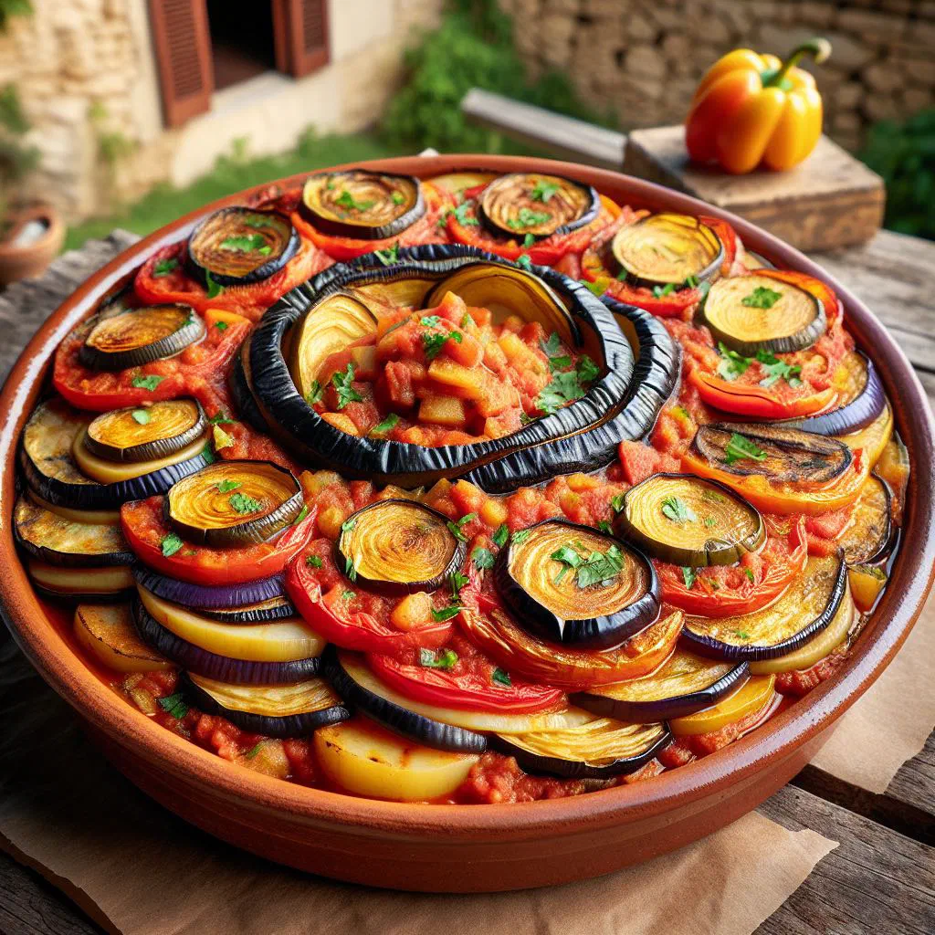 Layered tumbet mallorquín of aubergine, peppers and potatoes in tomato sauce