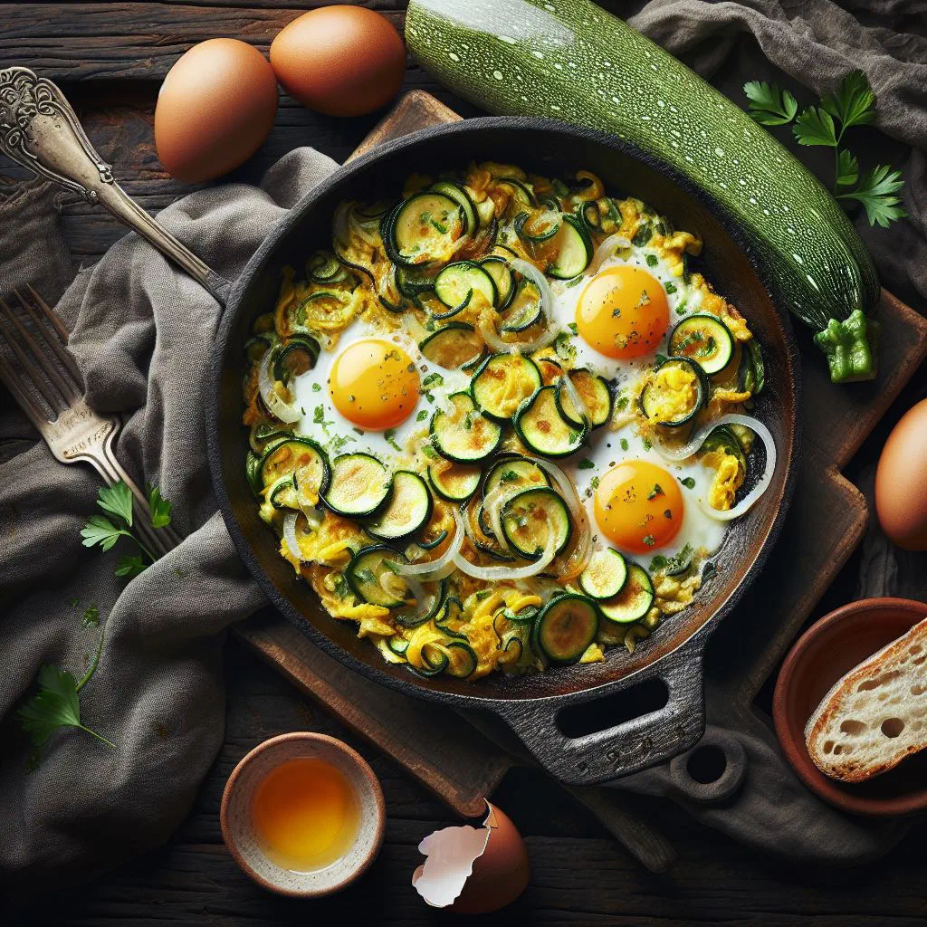 Zarangollo Murciano with soft scrambled eggs, courgette and onion in a pan
