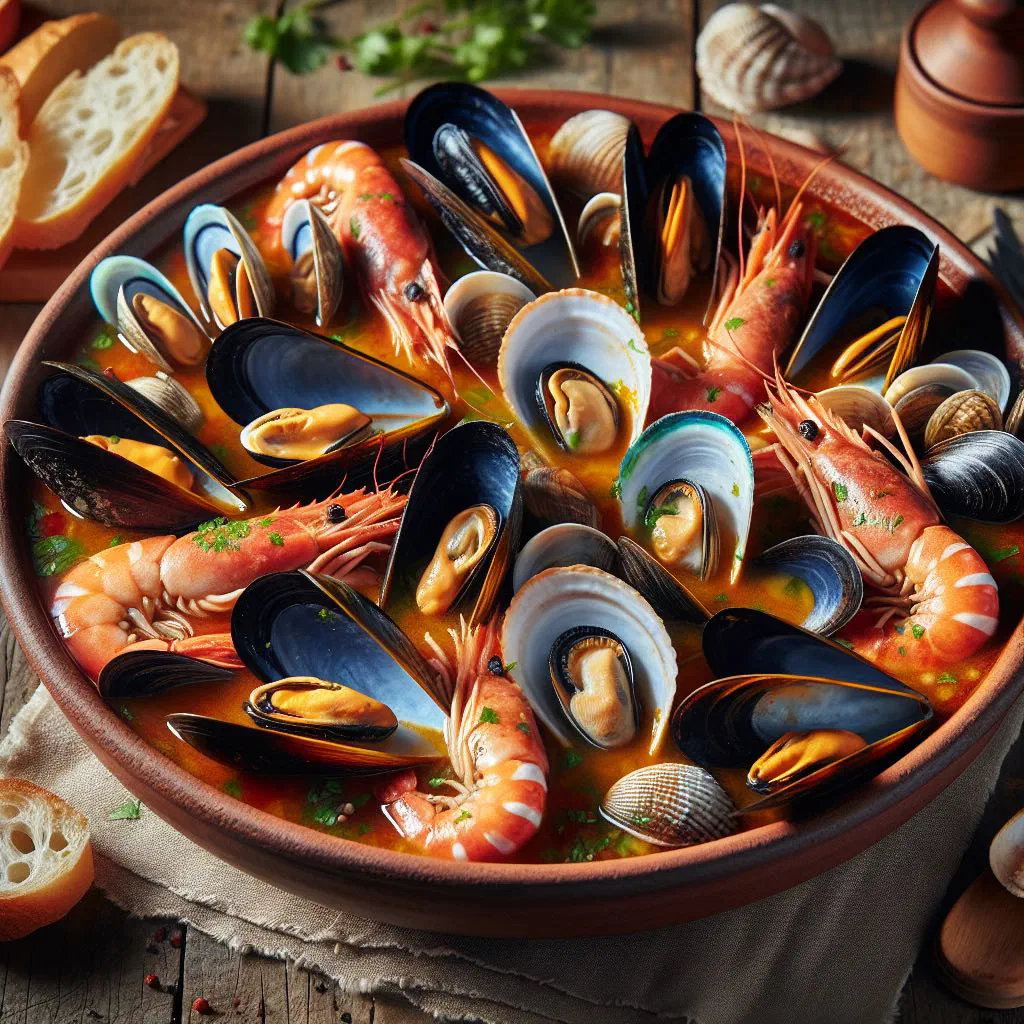 Zarzuela de pescado seafood stew with fish, mussels and prawns in tomato sauce