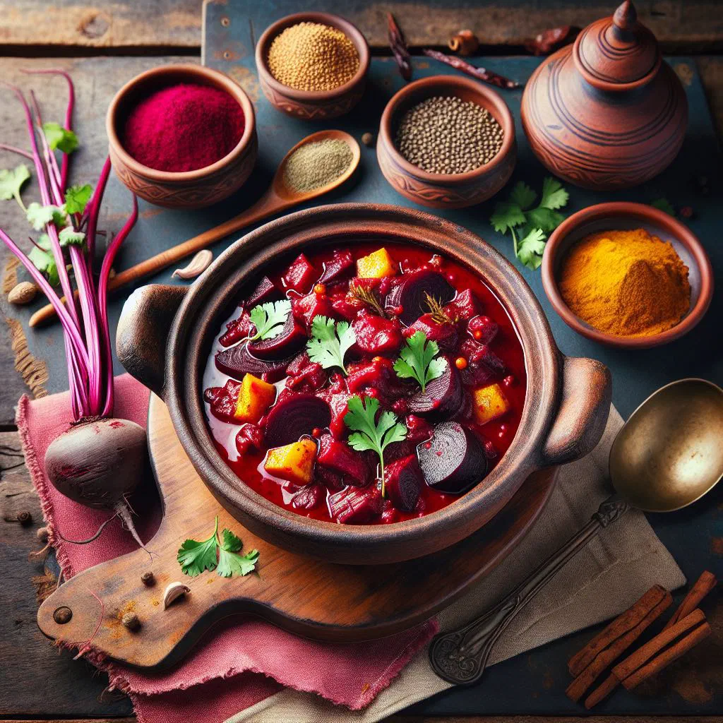 Bowl of deep-red Sri Lankan beetroot curry in creamy coconut sauce