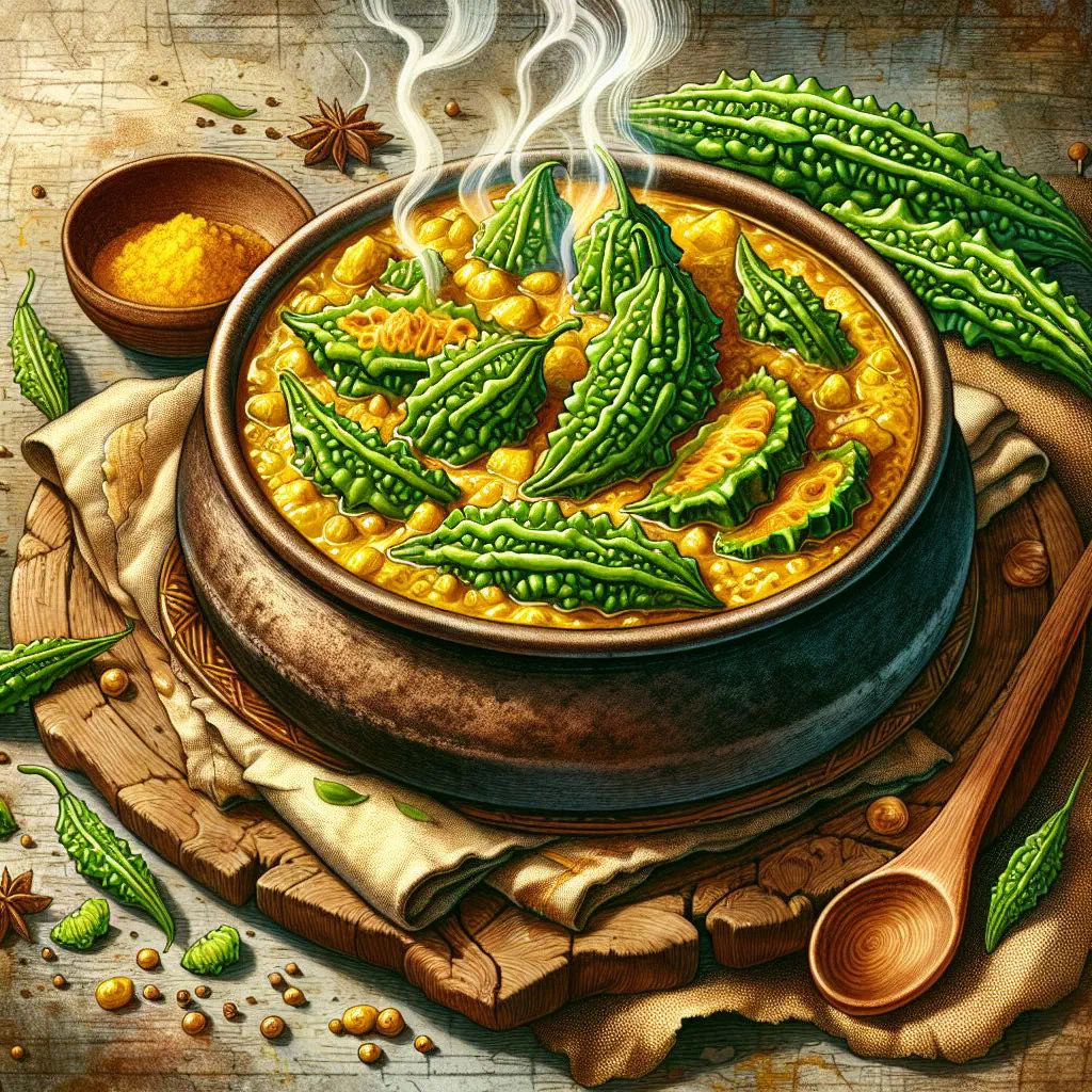 Sri Lankan bitter gourd curry in coconut milk garnished with fresh coriander