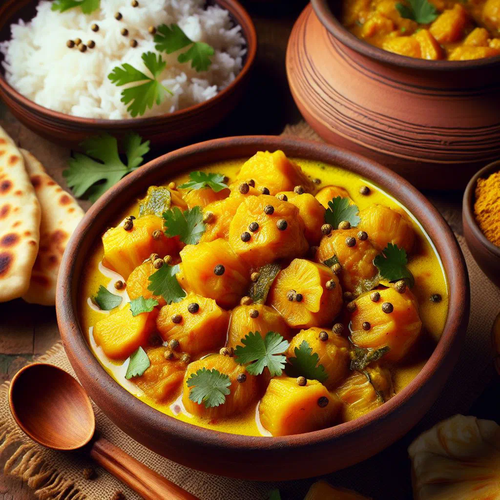 Sri Lankan breadfruit curry in coconut milk garnished with fresh coriander