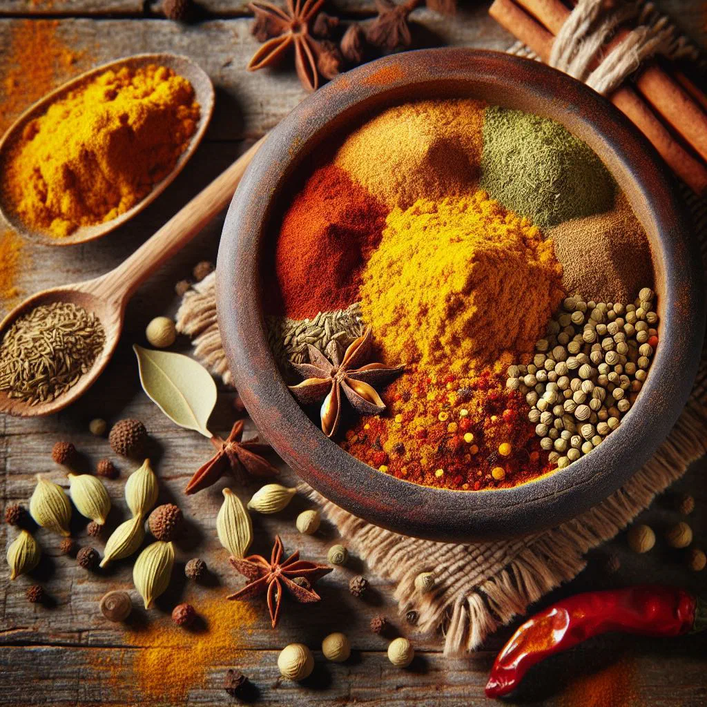 Bowl of freshly ground Ceylon curry powder with whole spices
