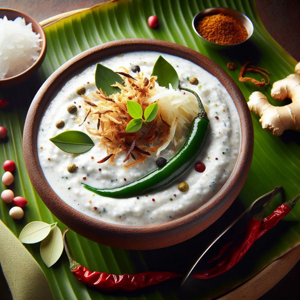Bowl of fresh coconut chutney garnished with coriander