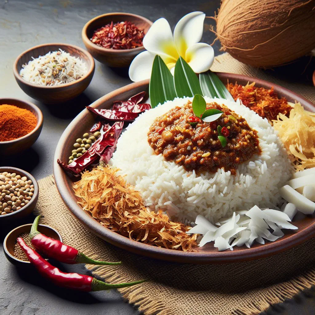 Fragrant rice topped with spiced fresh coconut chutney and coriander
