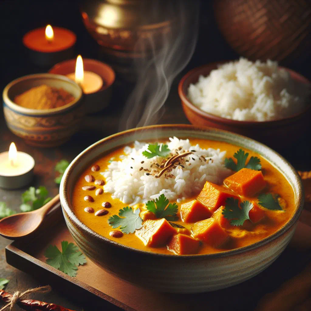Creamy pumpkin curry in coconut milk garnished with fresh coriander