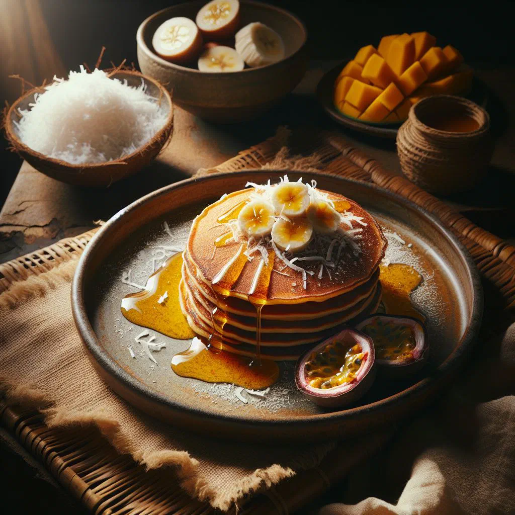 Stack of golden coconut honey pancakes drizzled with honey and desiccated coconut