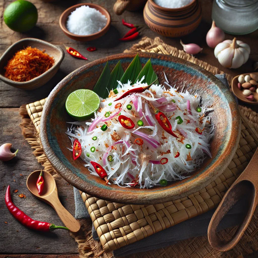 A bowl of bright red-orange coconut sambol garnished with fresh coriander