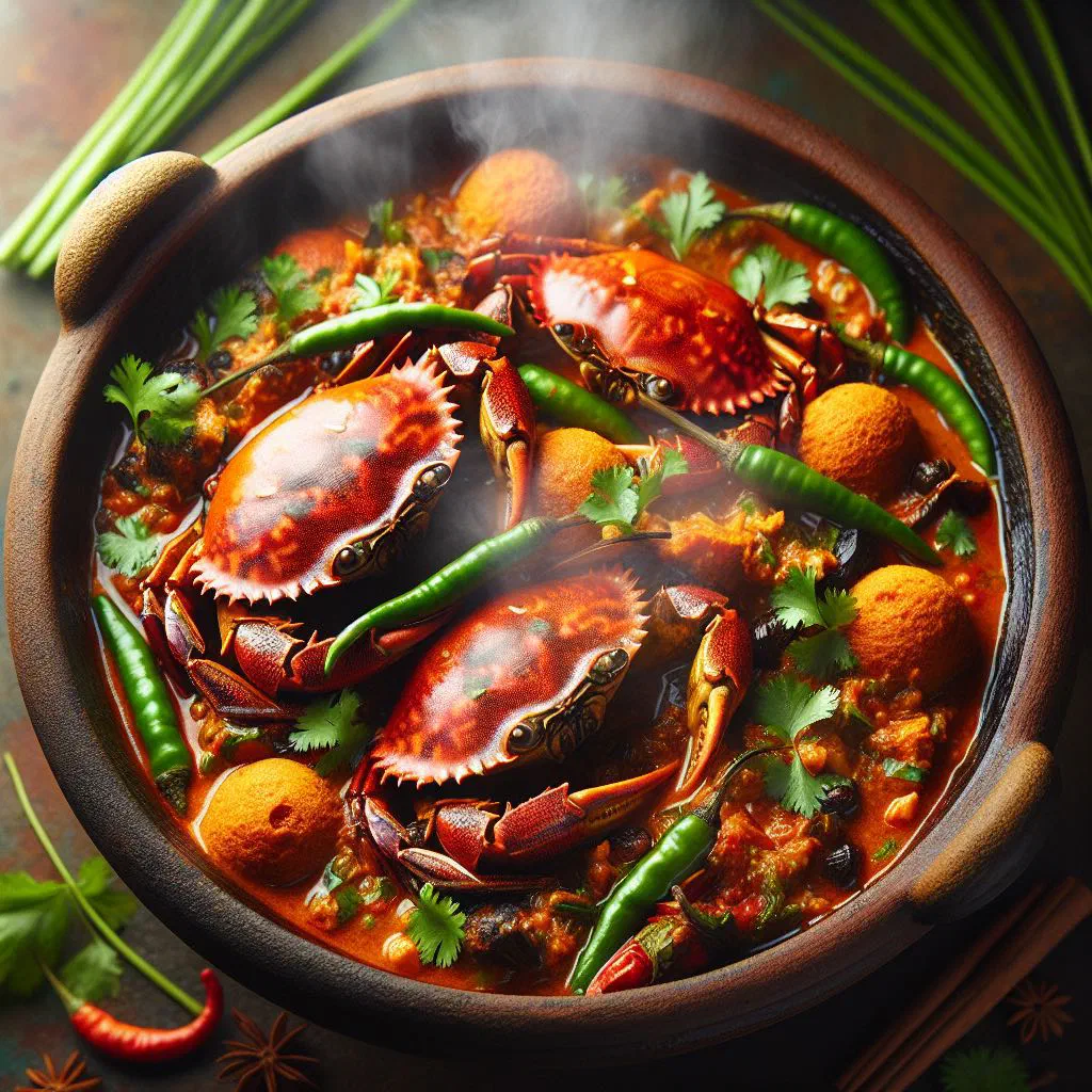 Sri Lankan crab curry in a tangy tamarind sauce garnished with fresh coriander