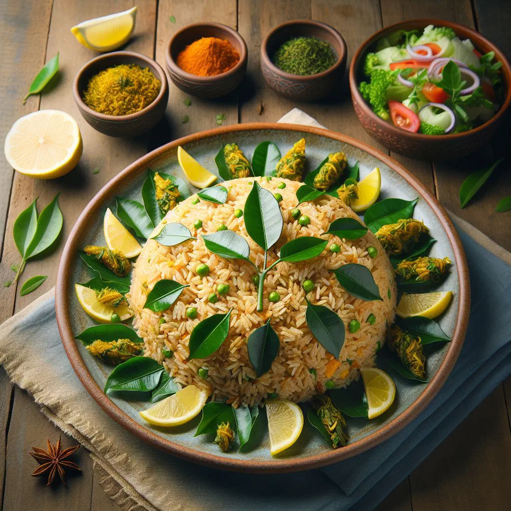 Curry leaf fried rice with mixed vegetables and fresh curry leaves