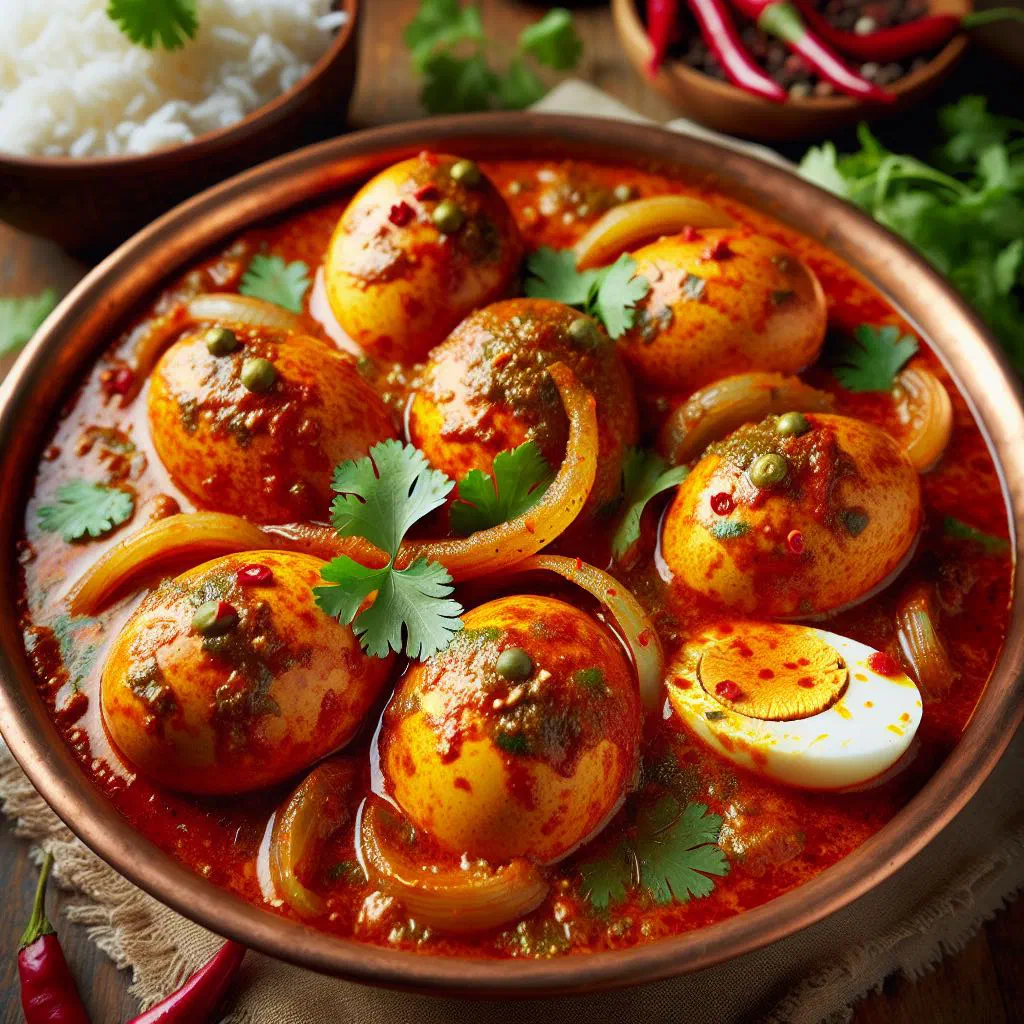 Sri Lankan egg curry with hard-boiled eggs in a creamy coconut sauce, garnished with coriander