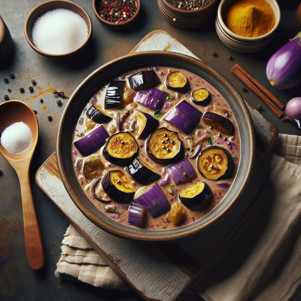 Sri Lankan eggplant curry in creamy coconut sauce garnished with fresh coriander