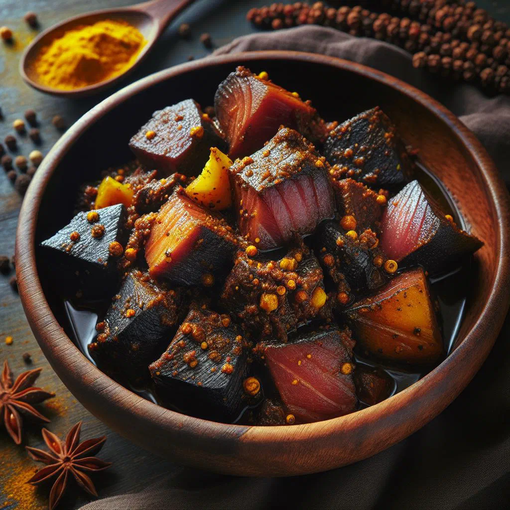 Dark, spice-coated Sri Lankan sour fish curry garnished with fresh coriander