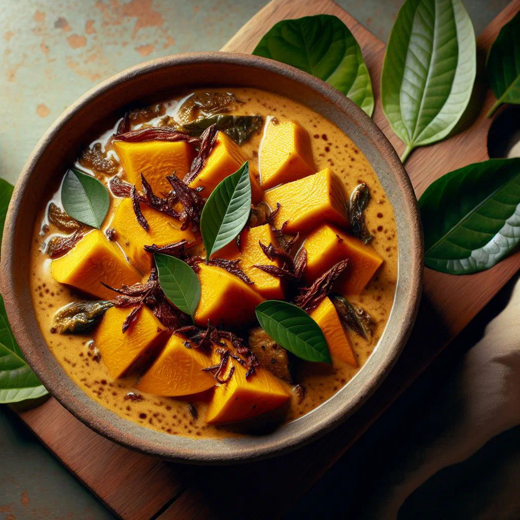 Sri Lankan pumpkin curry with roasted coconut and green chillies in a bowl
