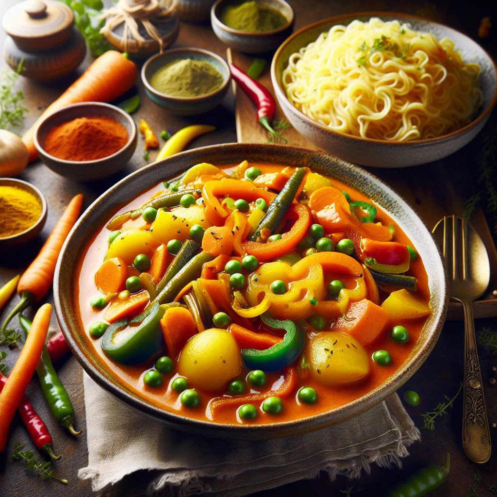 Kekiri curry with pumpkin blossoms in a coconut milk sauce, garnished with coriander