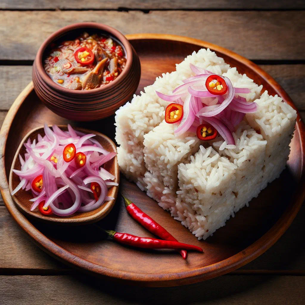 Diamond-cut coconut milk rice served with a spoonful of red onion and chilli sambol