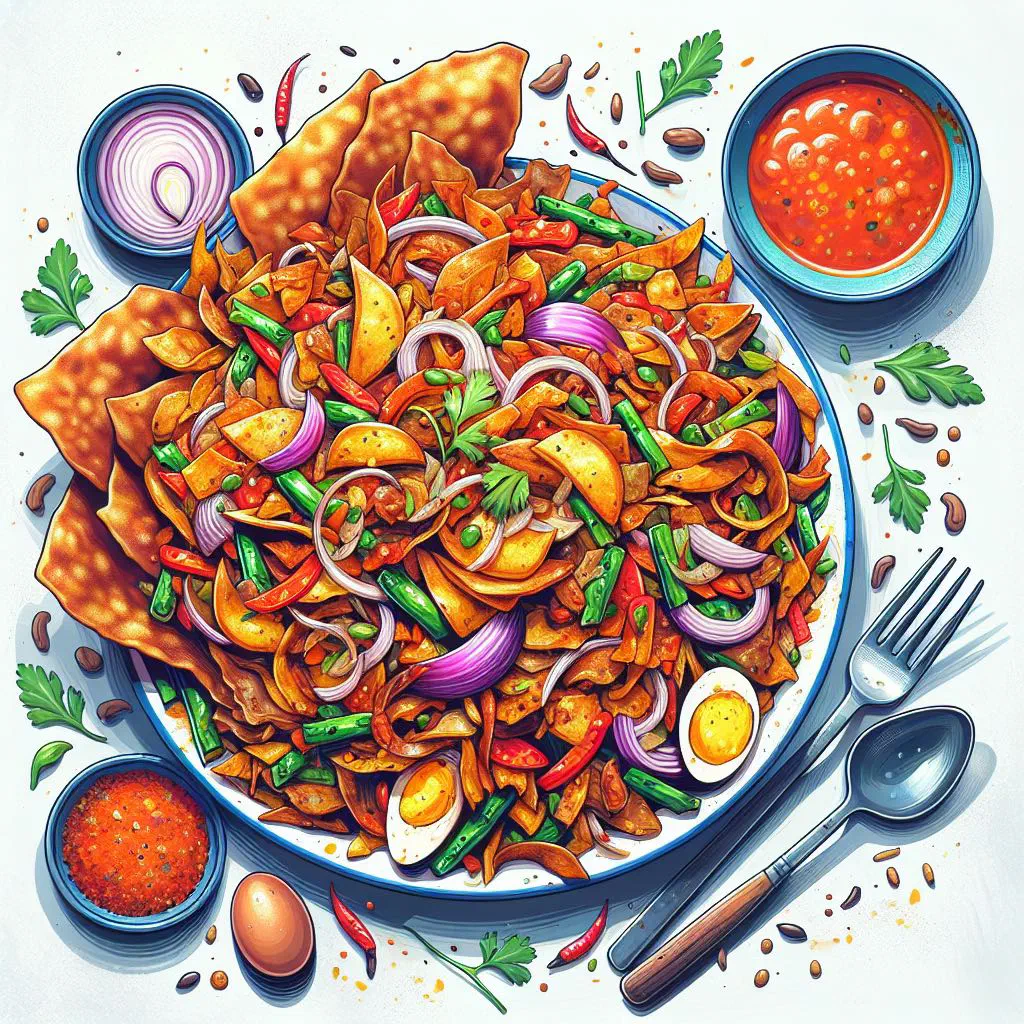 Chopped kottu roti stir-fried with vegetables, egg and chicken on a plate