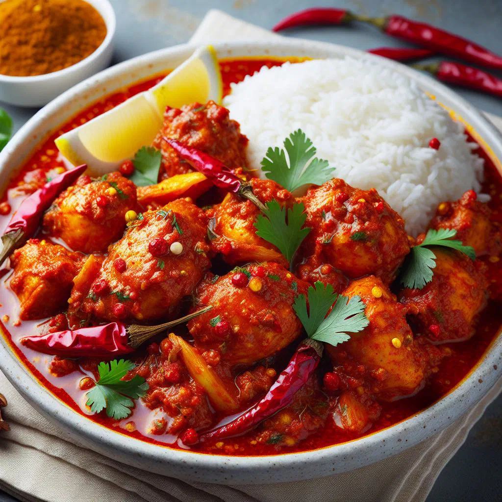 Sri Lankan chicken curry Kukul Mas Mirisata in coconut sauce garnished with coriander
