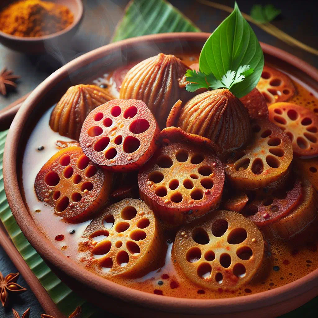 Sri Lankan lotus root curry in creamy coconut sauce with curry leaves
