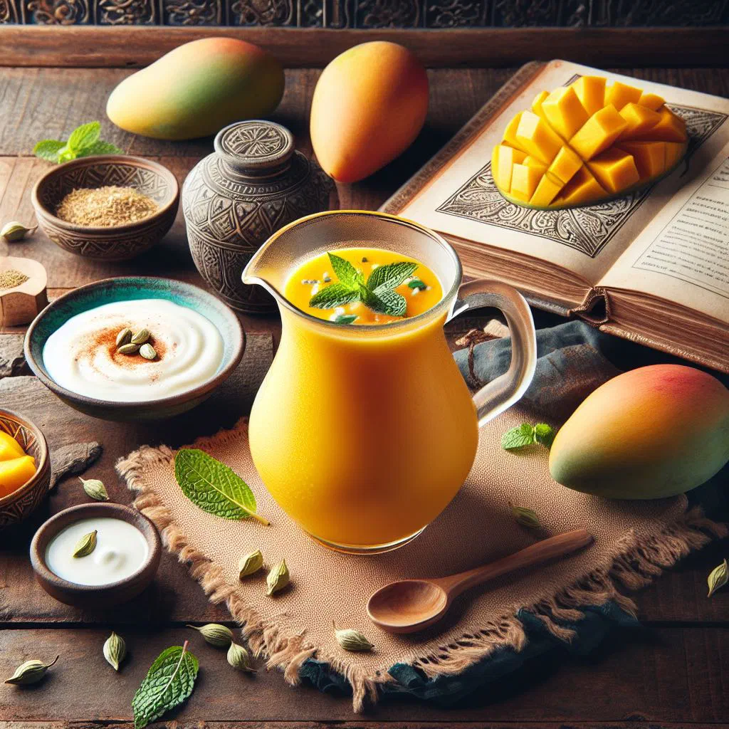 A tall glass of creamy orange mango lassi topped with fresh mango pieces