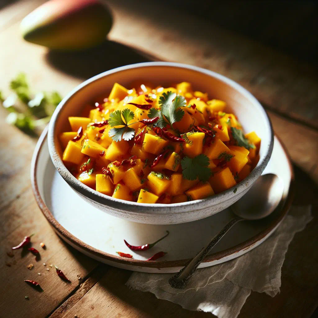 Fresh green mango sambol with coconut and chilli in a bowl