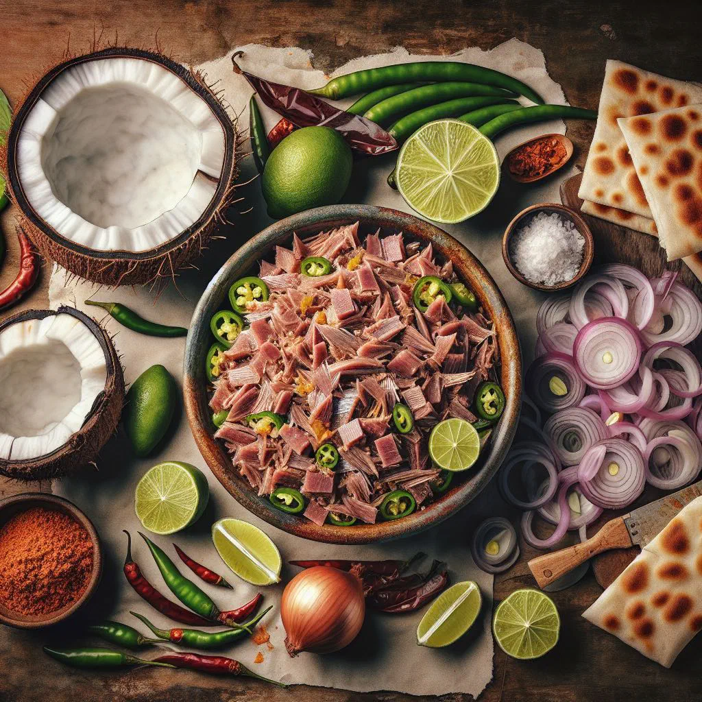 Mas huni with flaked tuna, grated coconut and onion served with roti
