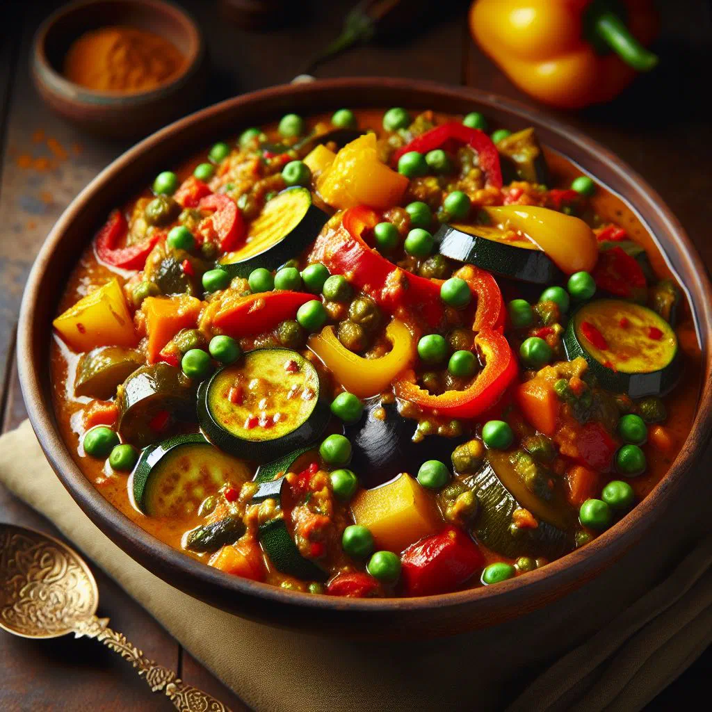 Sri Lankan mixed vegetable curry in coconut milk, garnished with fresh coriander
