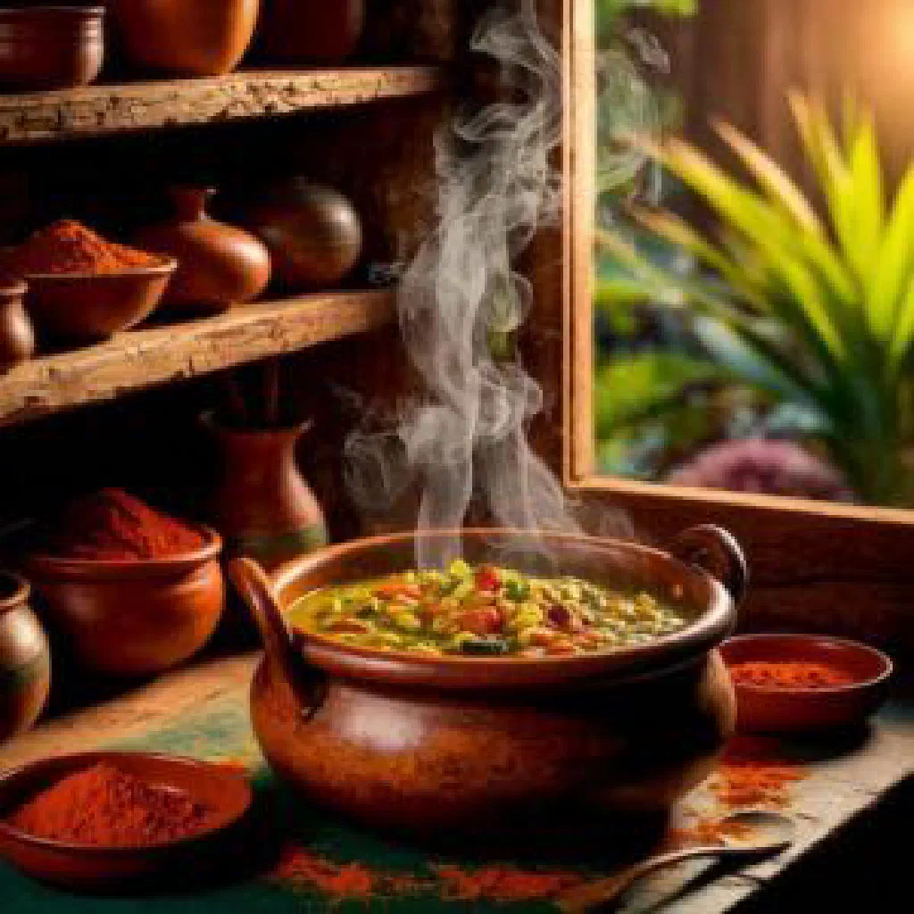 Murunga curry with moringa leaves in a bowl of coconut sauce