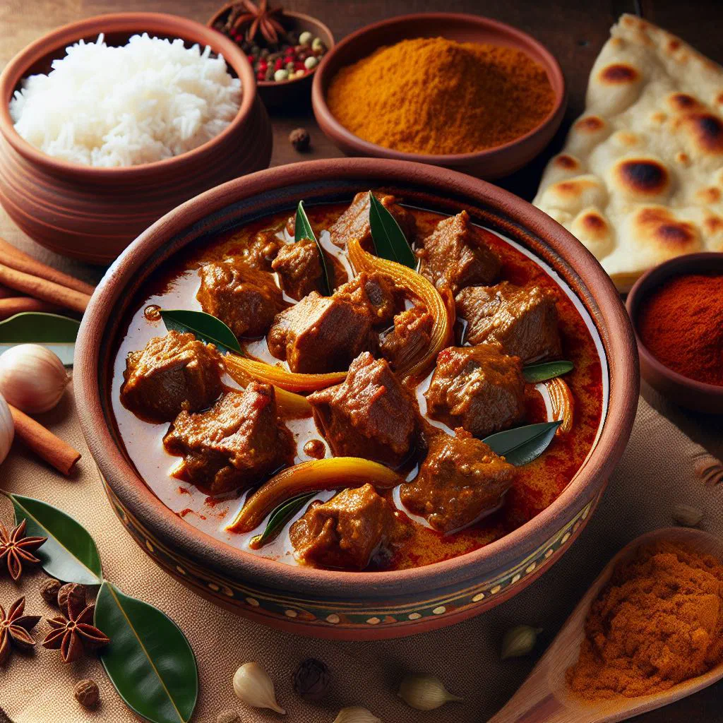 Sri Lankan mutton curry in coconut sauce garnished with fresh coriander