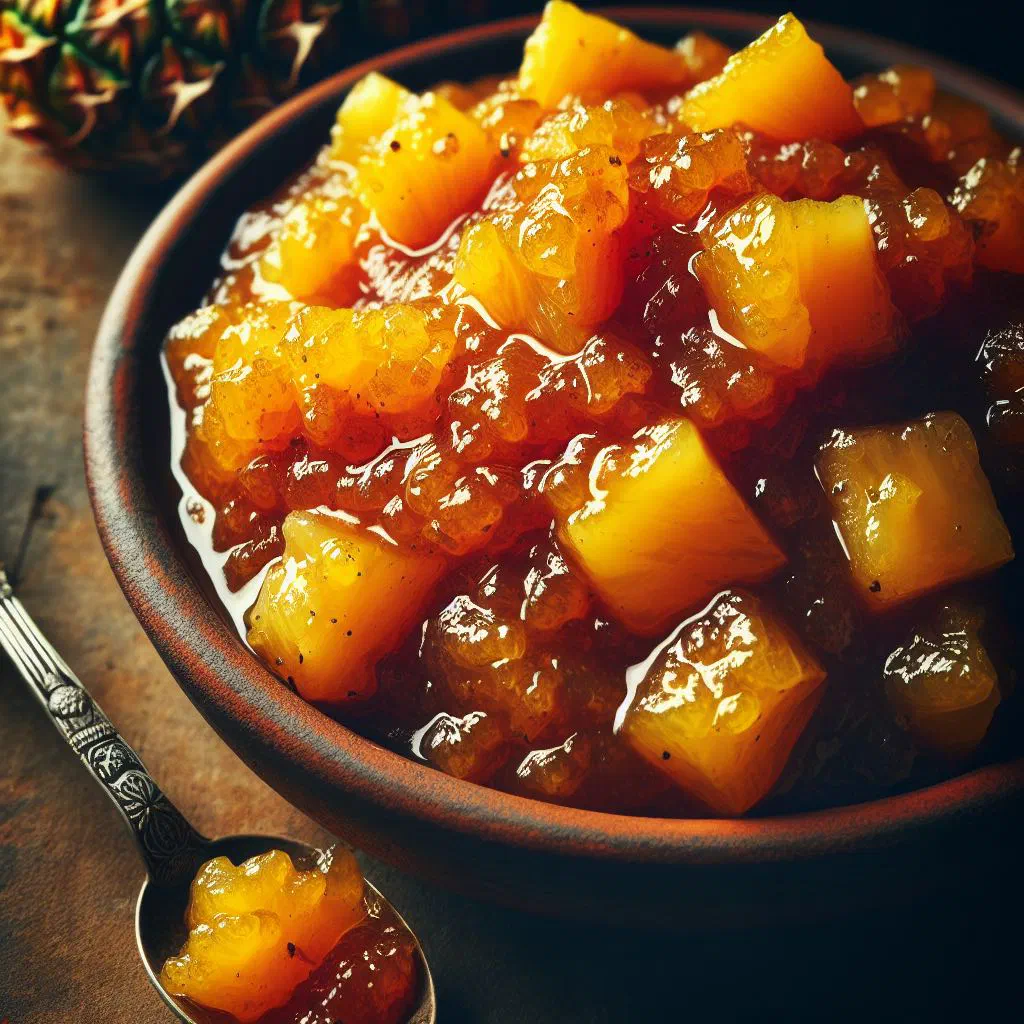 Bowl of golden pineapple chutney garnished with fresh coriander