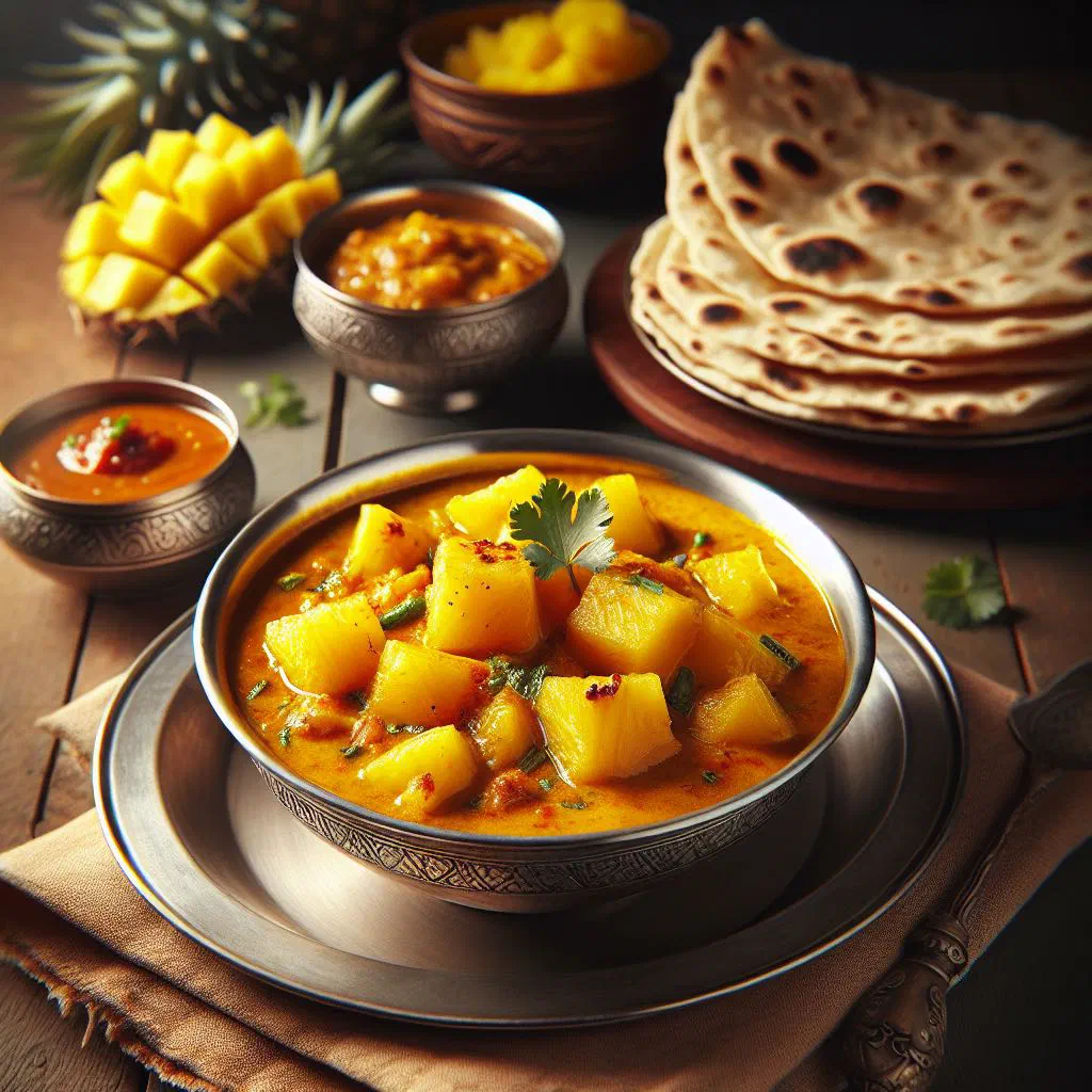 Golden pineapple curry in coconut sauce garnished with fresh coriander