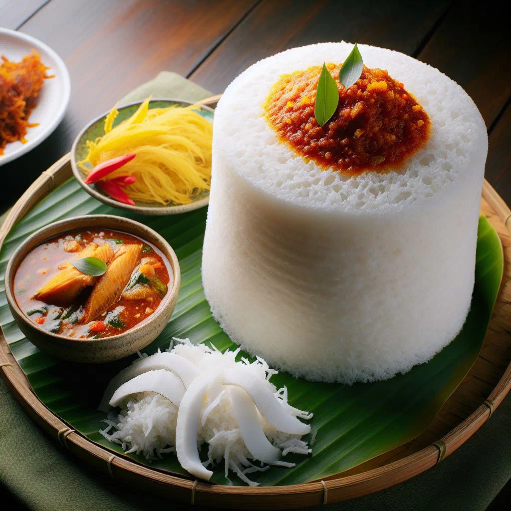Steamed cylinders of Sri Lankan pittu made from rice flour and grated coconut