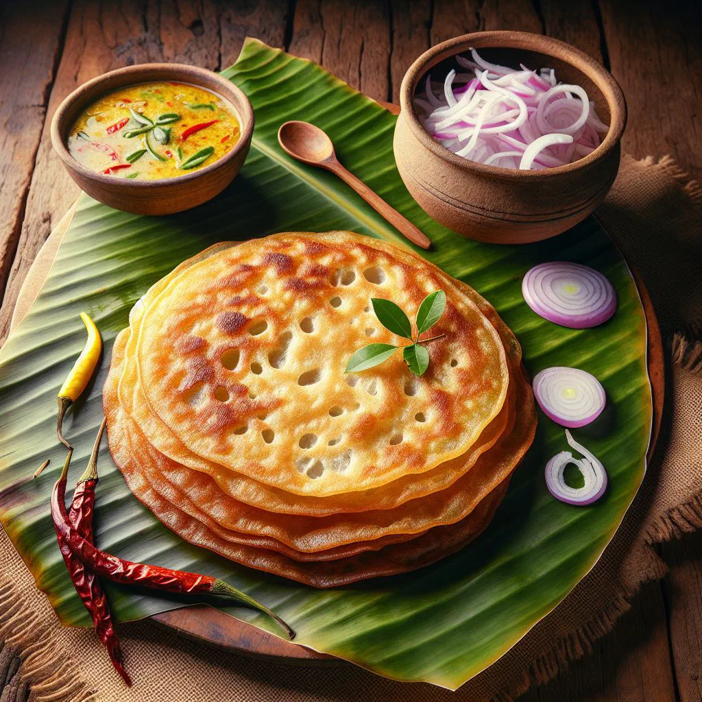 Golden Sri Lankan pol roti coconut flatbreads on a plate