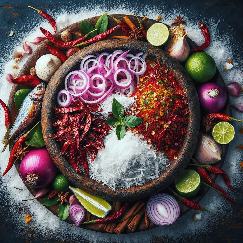 A bowl of bright red pol sambol made with grated coconut and chilli
