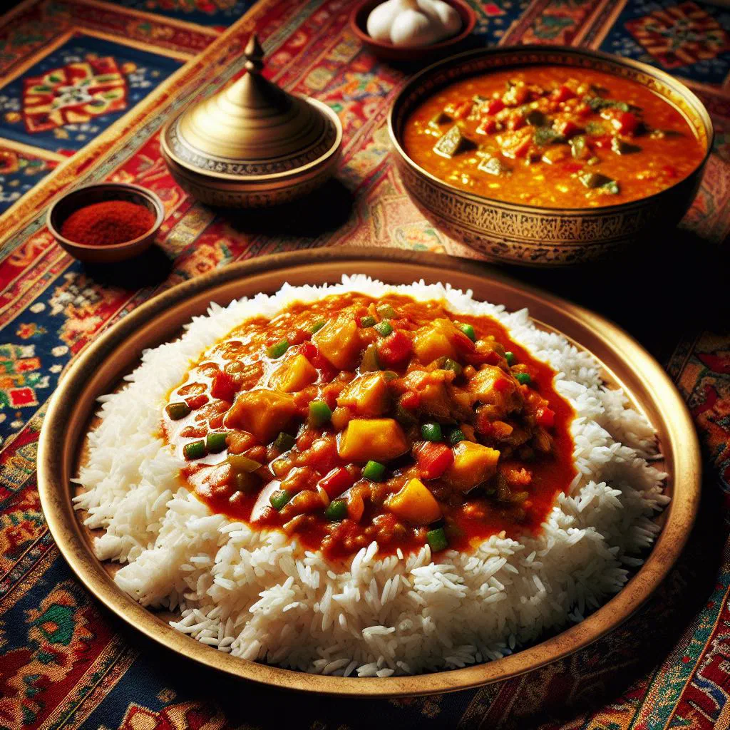 A plate of fragrant rice surrounded by colourful Sri Lankan vegetable curries