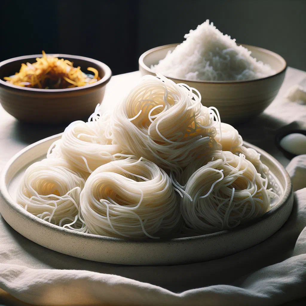 Nests of delicate steamed rice flour string hoppers on a plate