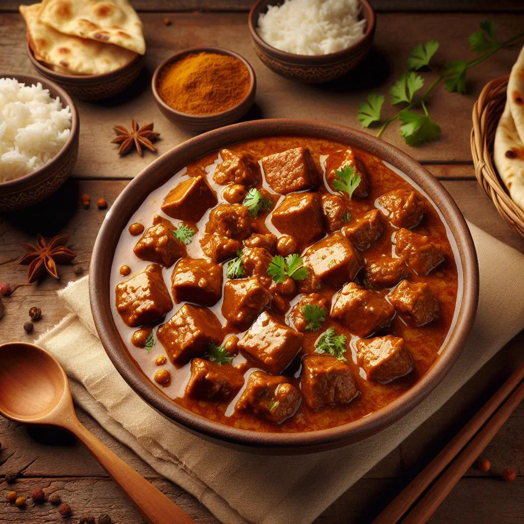Sri Lankan soya meat curry in coconut milk garnished with fresh coriander