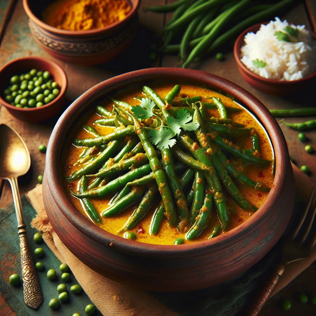 Spicy green bean curry in coconut milk garnished with fresh coriander