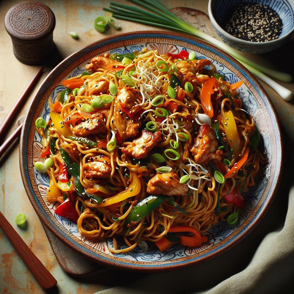 Sri Lankan chicken fried noodles with vegetables and spring onions