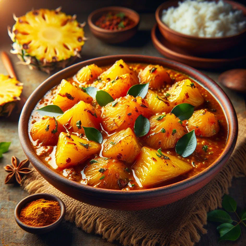 Sri Lankan pineapple curry in coconut milk garnished with fresh coriander